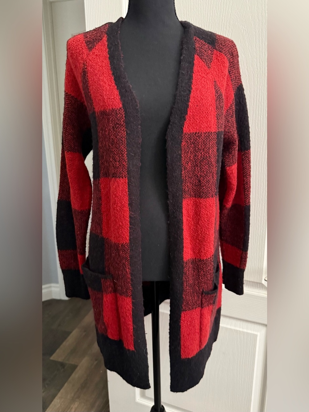 Lucky Brand Red and Black Plaid Open-Front Cardigan
